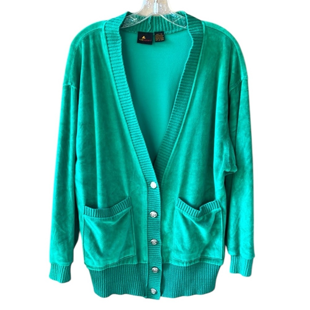 Liz Claiborne Sport Sz S Vintage Velvet Kelly Green Track Pants & Cardigan Set